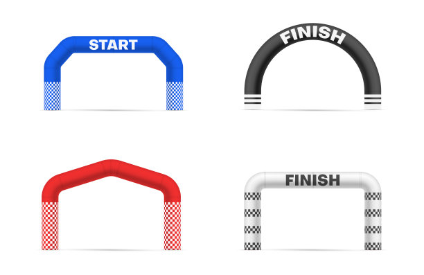 彩色充气拱门设置现实的矢量插图。空气橡胶闸门柱入口出口图片下载