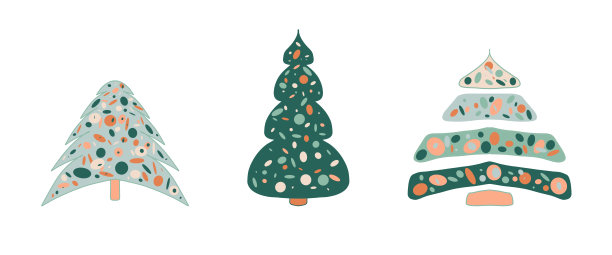三棵在白色背景上绘有滑稽装饰的圣诞树。集贺年绿松和圣诞贺卡概念，极简风格图片下载