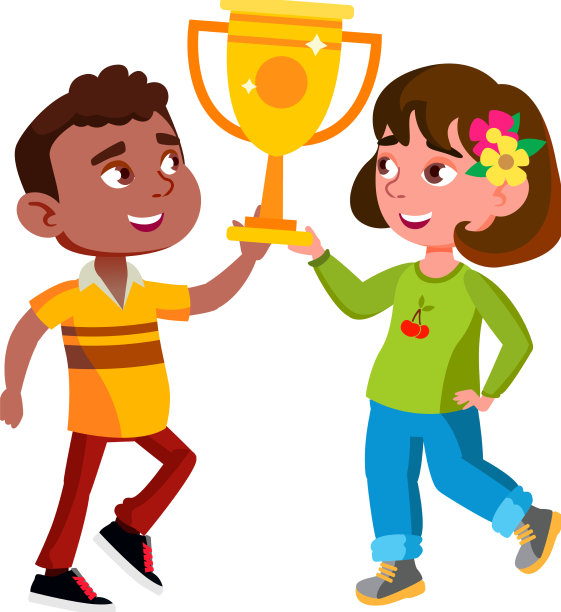 男孩和女孩手持奖杯图片下载