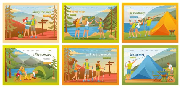 着陆页的收集。活跃的娱乐活动，带着帐篷旅行，穿越森林，户外娱乐活动。2 d字符图片下载