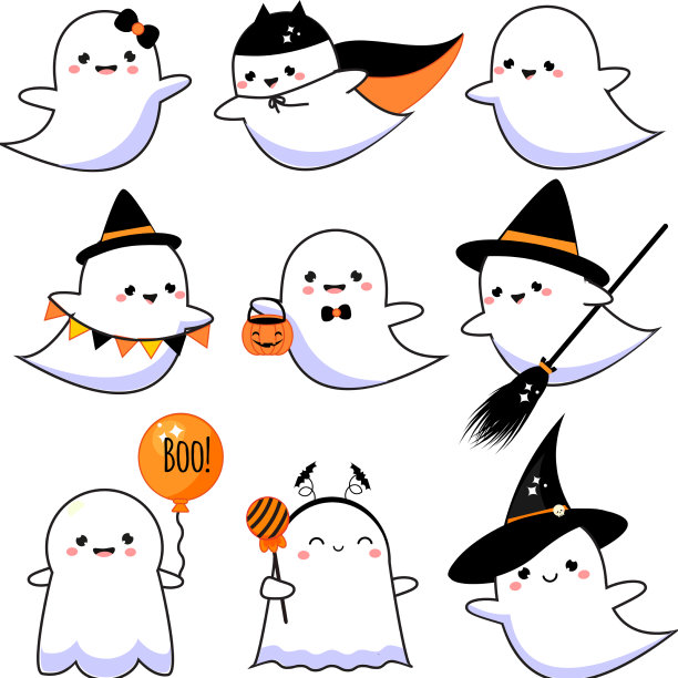 可爱的鬼魂设置万圣节角色卡哇伊图片下载