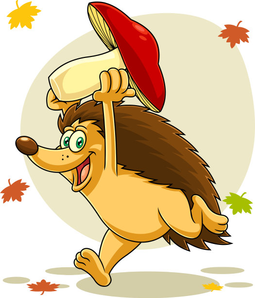 快乐的刺猬卡通人物与蘑菇奔跑图片下载