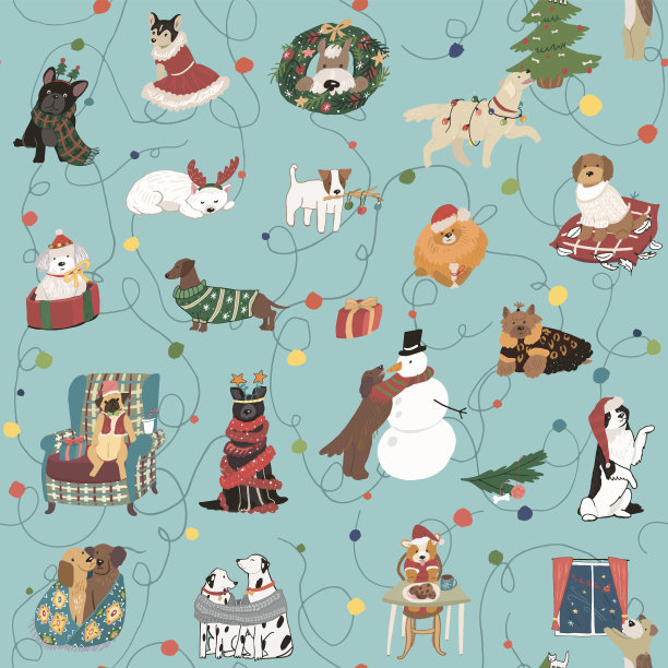 圣诞庆祝与狗宠物无缝矢量模式图片下载