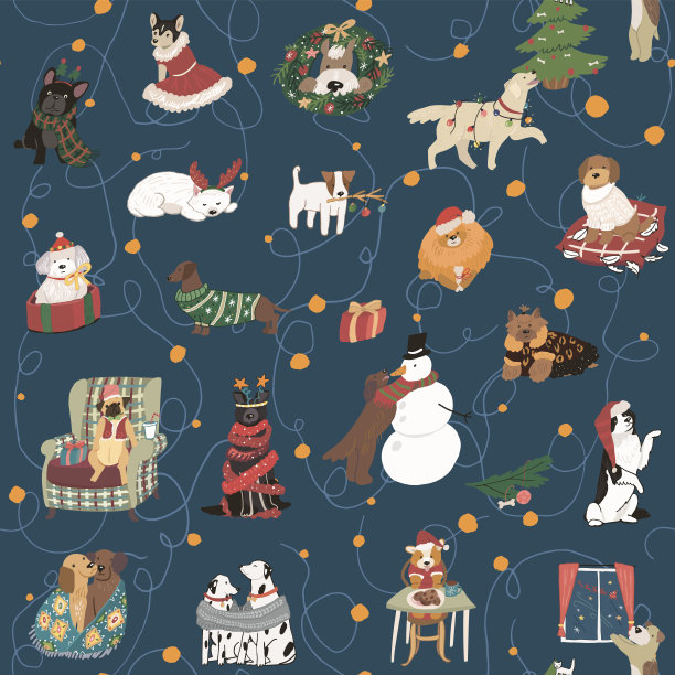 圣诞庆祝与狗宠物无缝矢量模式图片下载