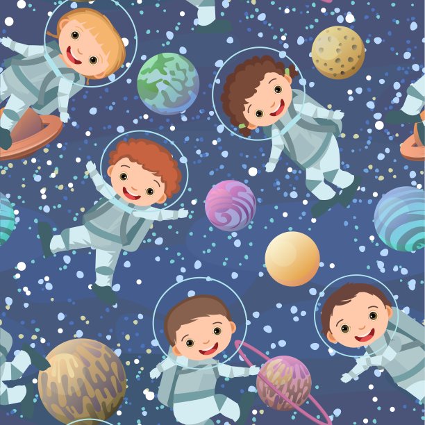 穿着宇航服的儿童宇航员。孩子。宇宙背景。无缝模式。儿童插图。星空的风景。平的风格。卡通设计。向量图片下载