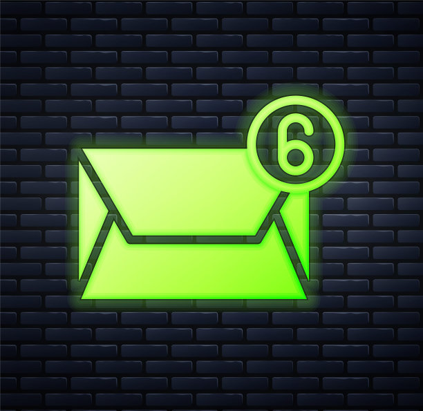 发光的霓虹灯邮件和电子邮件图标孤立在砖墙背景。电子邮件信封标志。邮件标志。向量图片下载