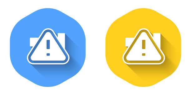 白色感叹号三角形图标与长阴影背景隔离。危险警告标志，小心，注意，危险警告重要。圆按钮。向量图片下载