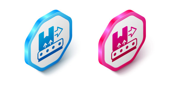 等距传送带与纸箱图标隔离在白色背景。六角按钮。向量图片下载