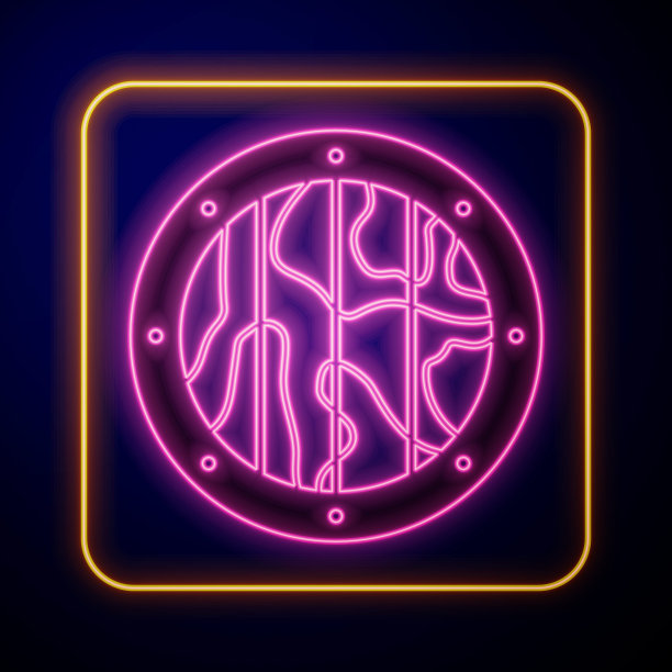 发光的霓虹灯圆形木盾图标孤立在黑色背景。安全，安全，保护，隐私，警卫概念。向量图片下载