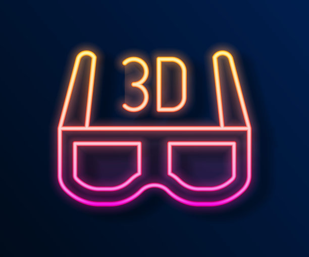 发光的霓虹灯线3D电影眼镜图标隔离在黑色背景。向量图片下载