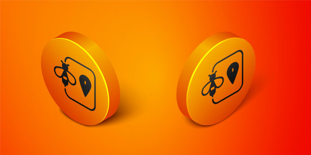 等距蜜蜂位置地图大头针指针图标孤立在橙色背景。农场动物地图指针。橙色圆按钮。向量图片下载