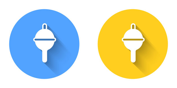 白色钓鱼浮标图标与长阴影背景隔离。渔具。圆按钮。向量图片下载