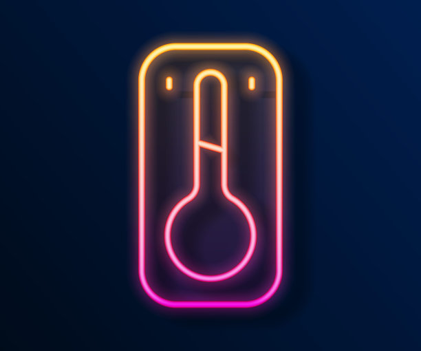 发光的霓虹灯线咖啡温度计图标孤立在黑色背景。向量图片下载