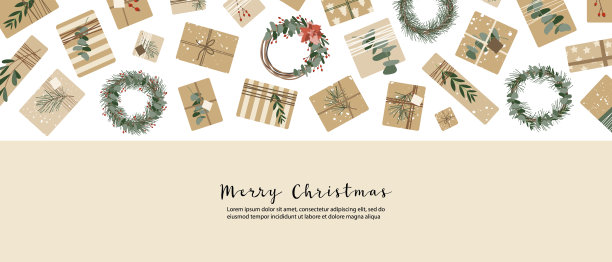 牛皮纸做的圣诞礼物，花环。质朴的工艺礼品盒。生态装饰，桉树，云杉。圣诞节和新2022年庆祝活动的准备工作。矢量平面卡通插图，冬季旗帜图片下载