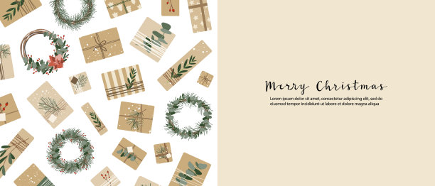 牛皮纸做的圣诞礼物，花环。质朴的工艺礼品盒。生态装饰，桉树，云杉。圣诞节和新2022年庆祝活动的准备工作。矢量平面卡通插图，冬季旗帜图片下载