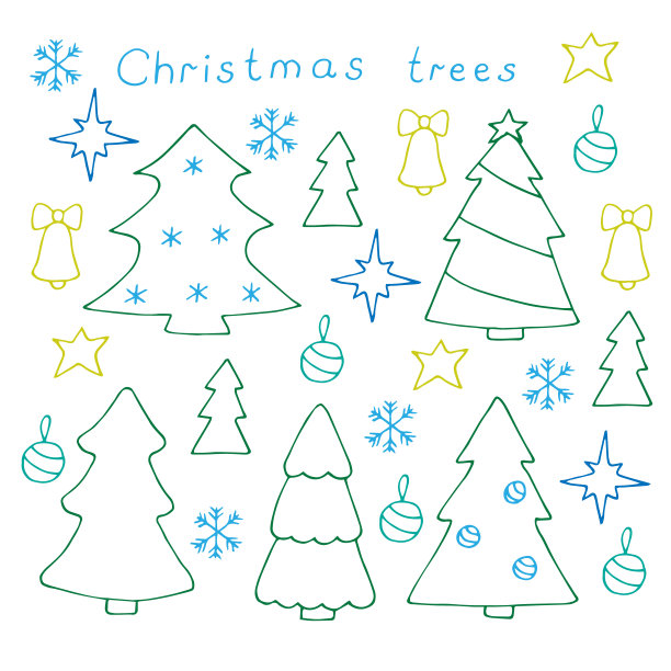 圣诞树设置矢量插图涂鸦彩色图片下载
