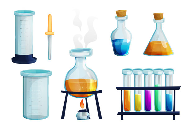 实验室设置玻璃烧瓶与燃烧器，试管与液体，烧杯，玻璃滴管化学研究卡通风格隔离在白色背景。炼金术，研究实验室设备。。矢量图图片下载