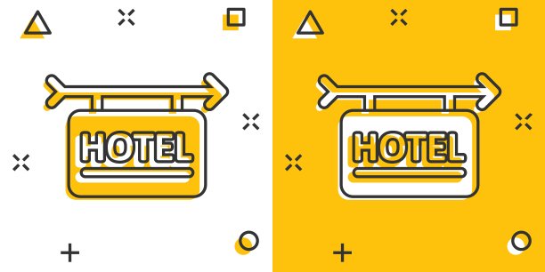 漫画风格的酒店标志图标。客栈卡通矢量插图在白色孤立的背景。旅舍客房信息飞溅效应经营理念。图片下载