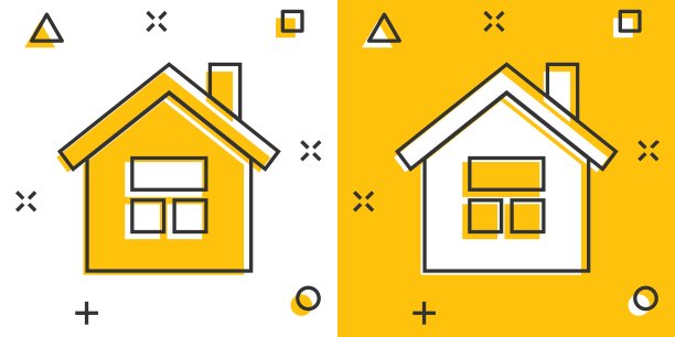 在漫画风格的图标。家庭卡通矢量插图的白色孤立的背景。房子飞溅效应的经营理念。图片下载