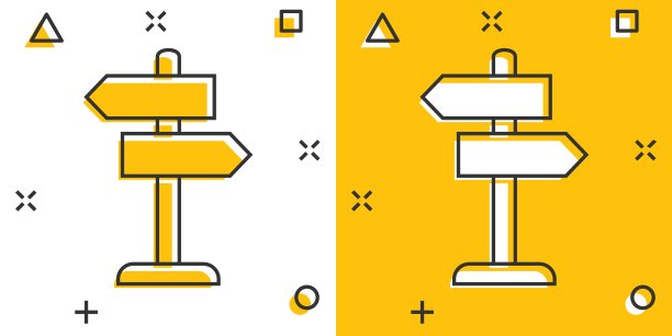 十字路口指示牌图标漫画风格。道路方向卡通矢量插图在白色孤立的背景。路牌喷溅效果经营理念。图片下载
