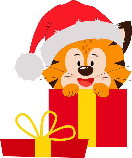 一只戴着红帽子的小老虎正坐在礼物里图片下载