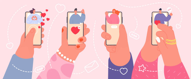 社交媒体的约会。约会应用，移动视频聊天。技术为年轻夫妇，男孩和女孩在互联网上寻找爱情完全矢量概念图片下载