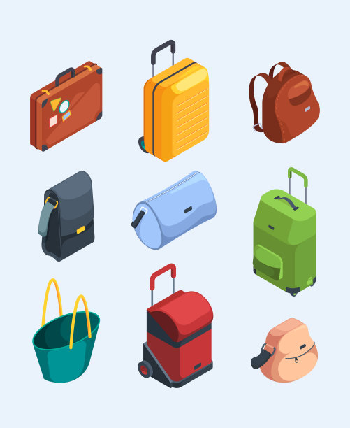 等距的行李。旅行箱的三维图片，行李，旅行袋，冒险旅行花哨的矢量插图图片下载