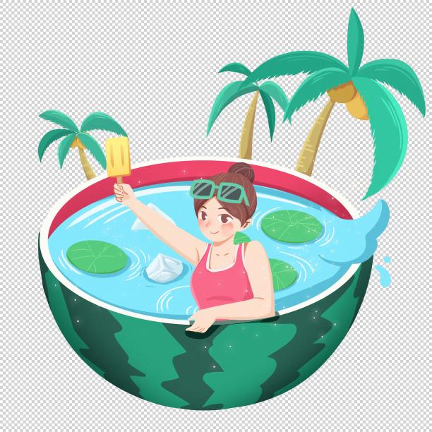 夏天节气创意西瓜泳池PNG素材素材图片