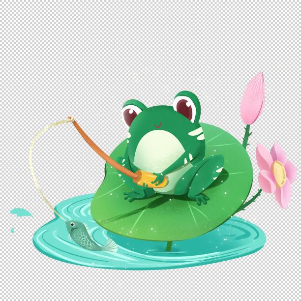 夏天节气拟人卡通青蛙荷叶上钓鱼素材素材图片