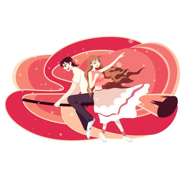 骑着魔法扫帚玩耍的情侣插画元素图片下载