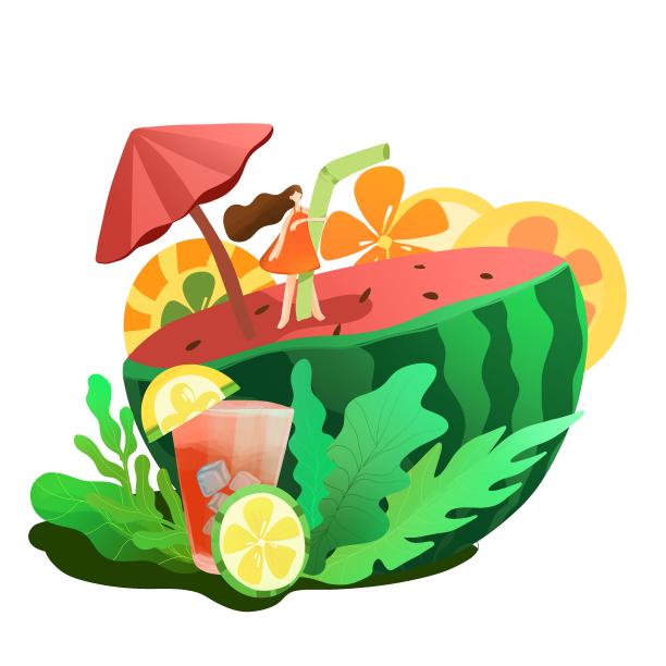 原创元素女孩抱着西瓜饮料图片下载