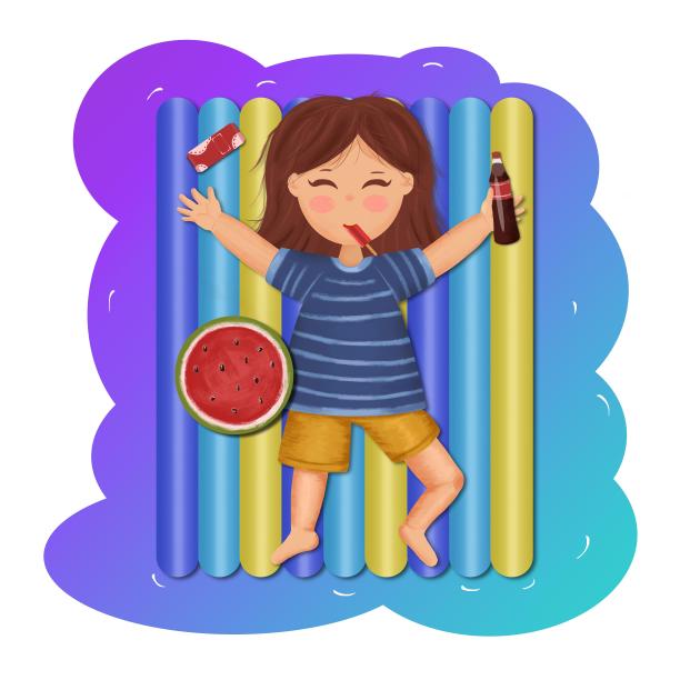 夏季躺在气垫上玩水的小女孩图片下载