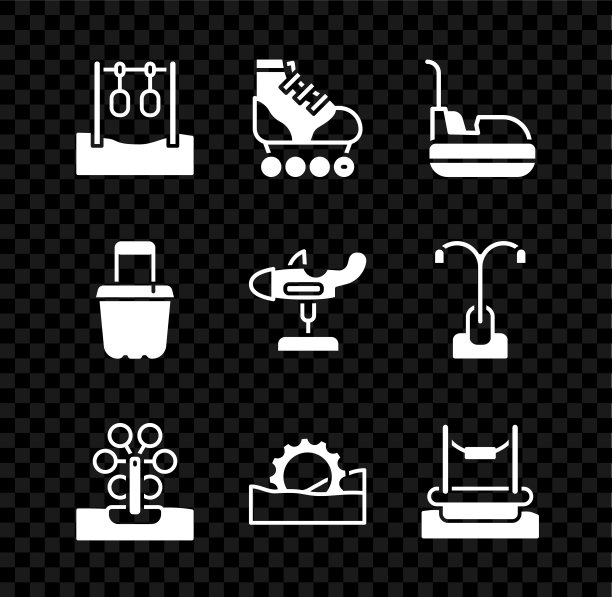 设置体操环，轮滑，碰碰车，摩天轮，蹦极，沙桶和秋千的图标。向量图片下载