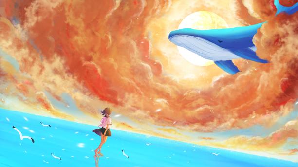 唯美天空治愈系少女与鲸插画背景图片下载