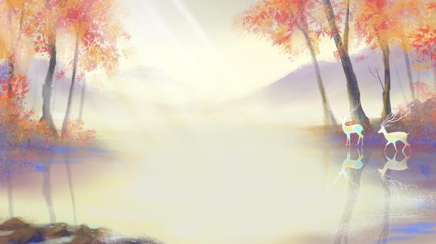 水彩立秋秋天唯美治愈系风景森林与鹿背景素材图片