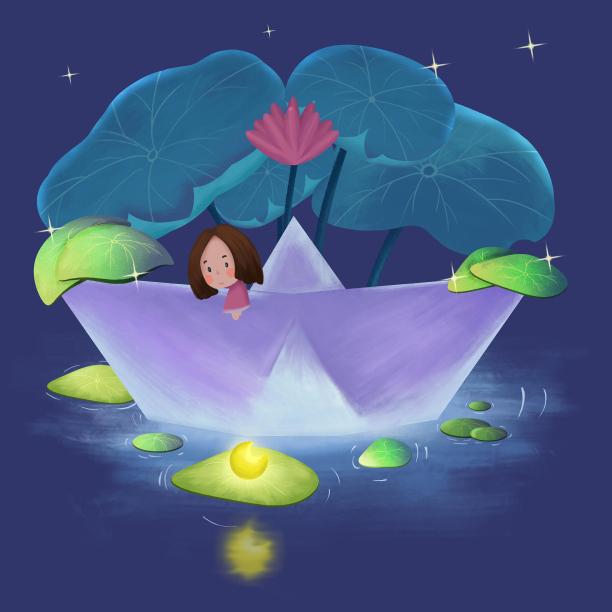 夏日夜晚划船的小女孩夏天图片下载