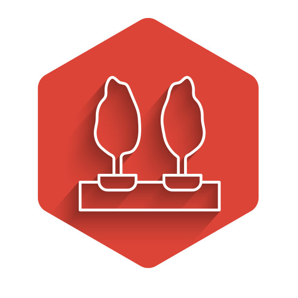 白线树图标孤立与长阴影。森林的象征。红色的六角按钮。向量图片下载