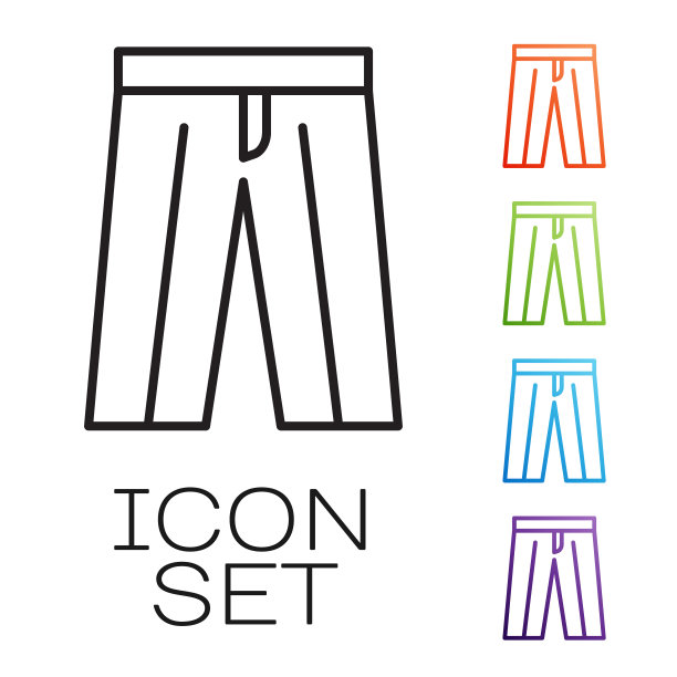 黑色线裤子图标孤立在白色背景。裤子的迹象。设置图标丰富多彩。向量图片下载