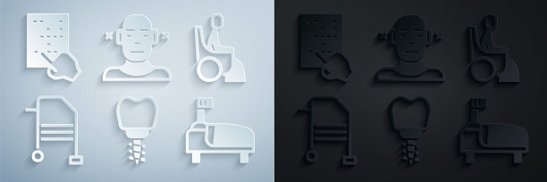 设置牙科种植，轮椅妇女，沃克，医院病床，聋人和盲文图标。向量图片下载