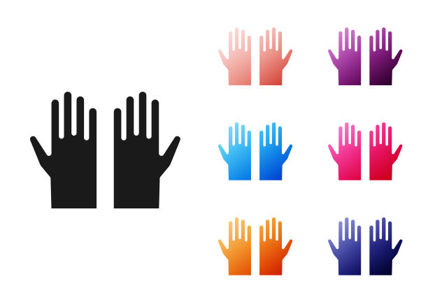 黑色医用橡胶手套图标隔离在白色背景。保护橡胶手套。设置图标丰富多彩。向量图片下载