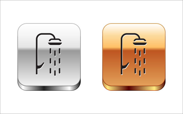 黑色淋浴头与水滴流动图标隔离在白色背景。金银平方按钮。向量图片下载