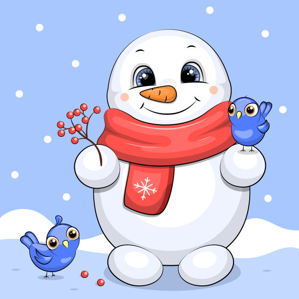 一个戴着红围巾的可爱的卡通雪人用浆果喂小鸟。图片下载