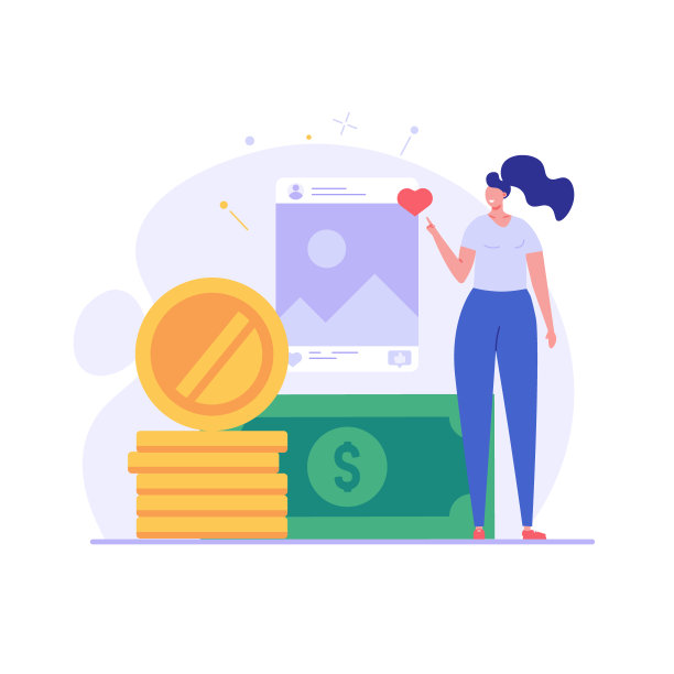 在社交媒体上赚钱的女人。成功的博主通过博客赚钱。博客盈利的概念，在互联网上赚钱，在线收入。矢量插图在平面为web UI设计图片下载