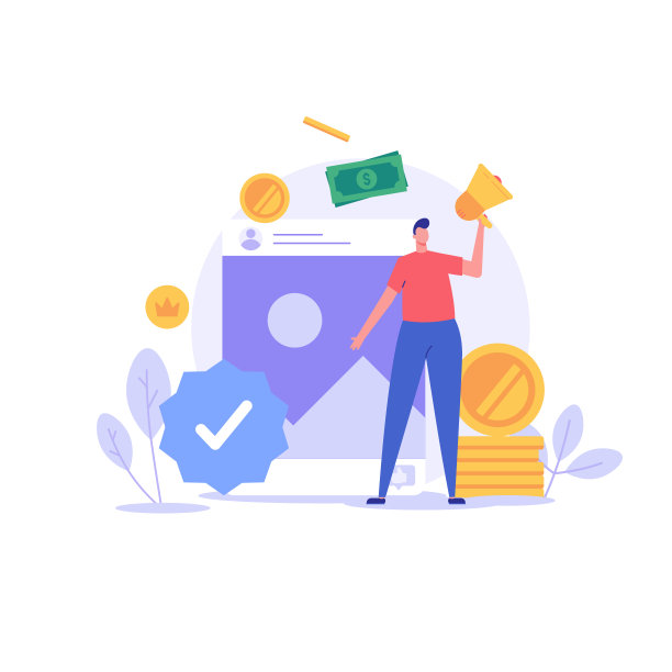 在社交媒体上赚钱的男人。博客货币化博客和分享帖子。博客盈利的概念，在互联网上赚钱，在线收入。矢量插图在平面为web UI设计图片下载