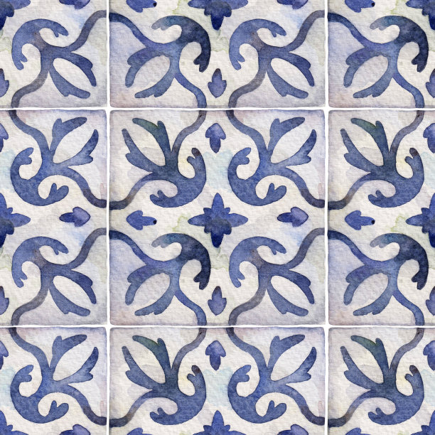 水彩无缝瓷砖图案。方形手绘装饰。图片下载