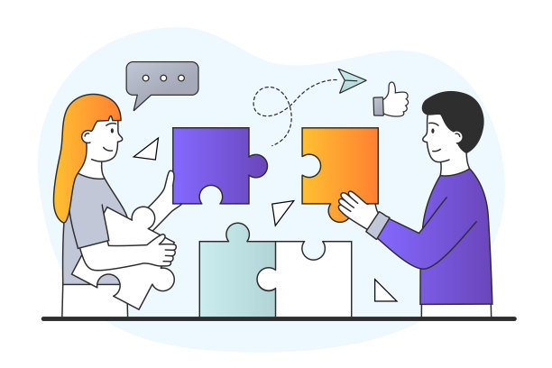 男性和女性角色一起在白色背景上拼拼图图片下载