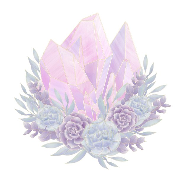 粉红色水晶与蓝色和紫色多肉在白色背景上的装饰组成图片下载