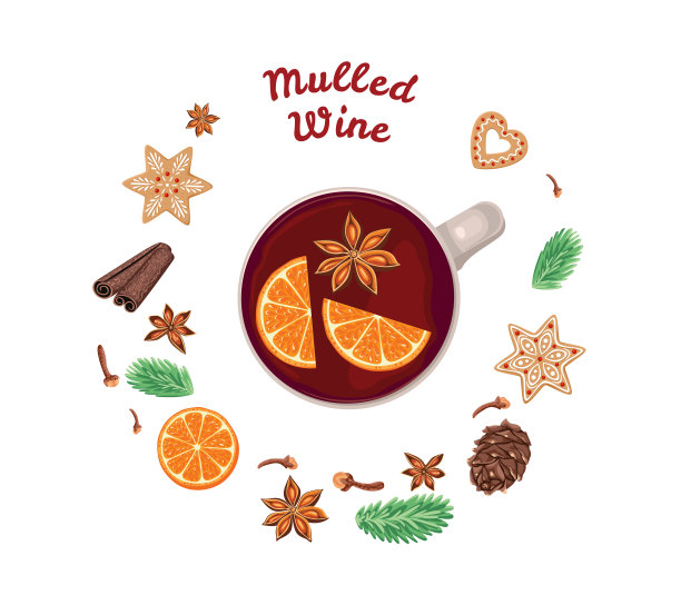 一杯热红酒，姜饼和香料俯视图。节日的矢量图。卡通平的风格。图片下载