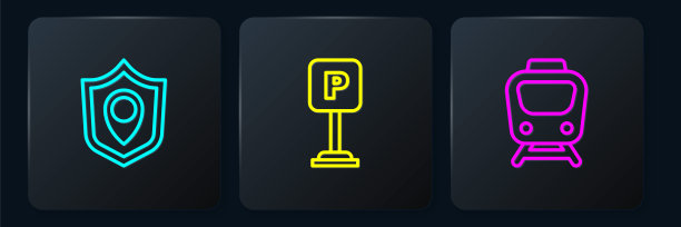 设置线路位置屏蔽，火车和停车场。黑色方形按钮。向量图片下载