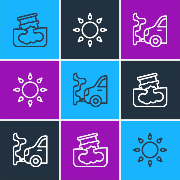 设置桶油泄漏，汽车尾气和太阳图标。向量图片下载